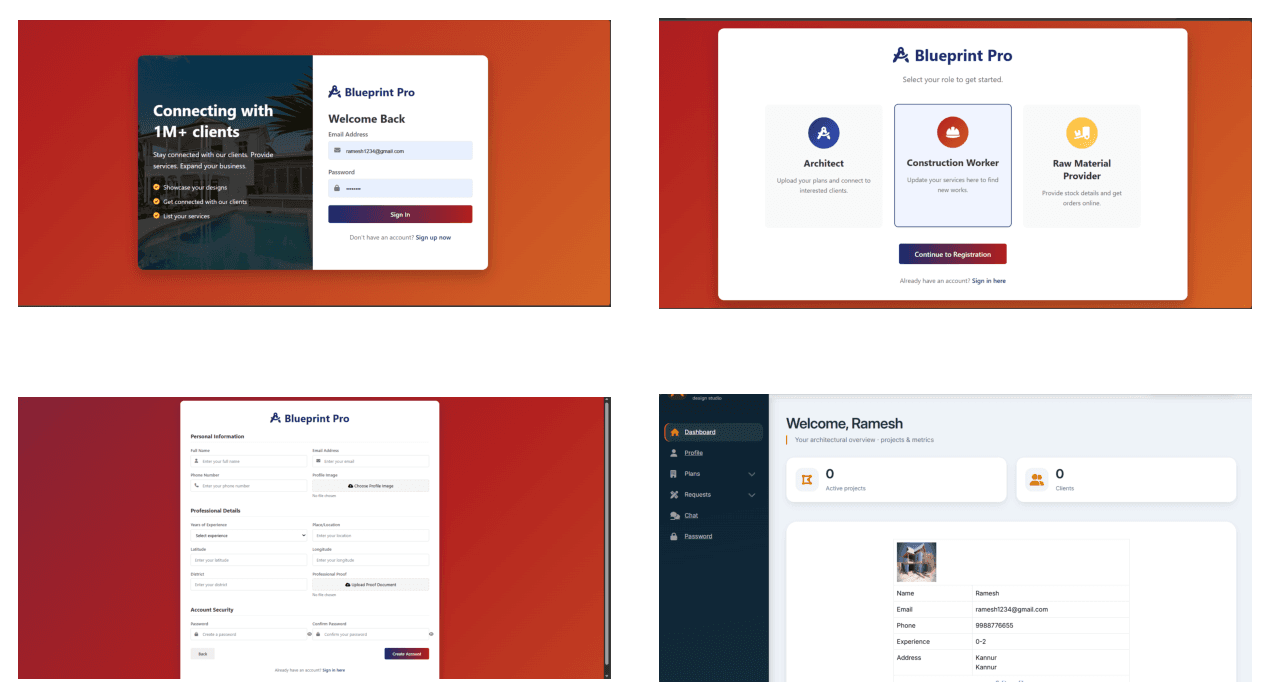 Desktop dashboard & onboarding screens