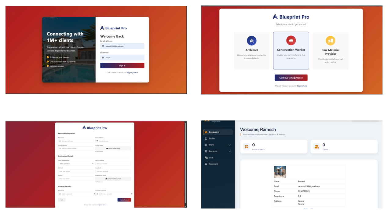Desktop dashboard and onboarding screens